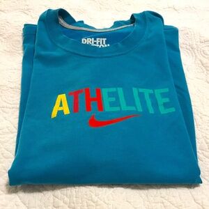 Nike blue dri-fit cotton tee with multicolor “Athelite” & red swoosh design (L)